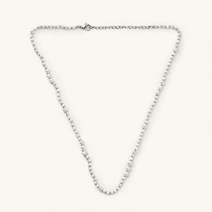 Gabby White Bead and Pearl Necklace- Silver