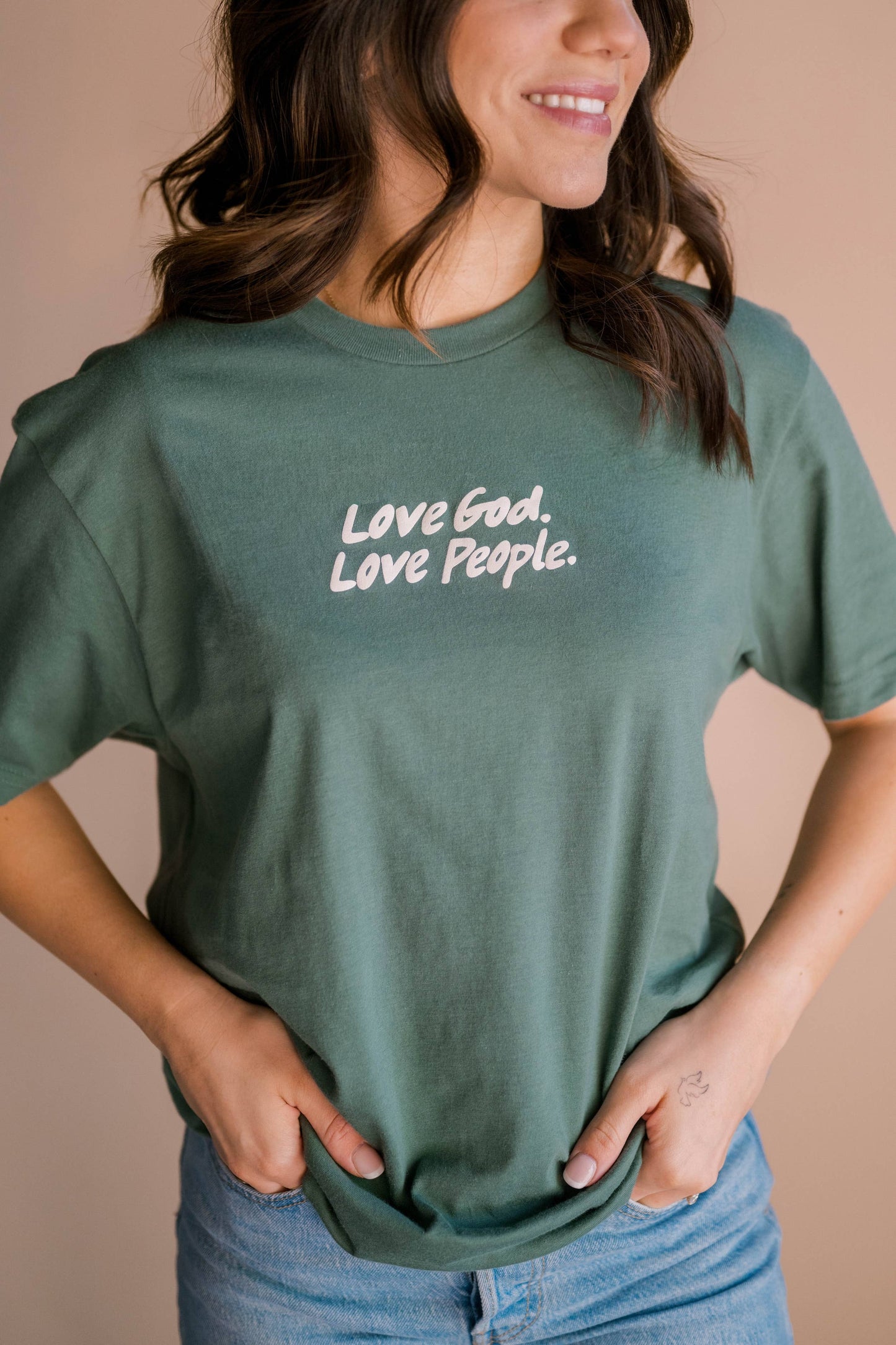 Love God Love People Tee- Muted Green | Christian Tee