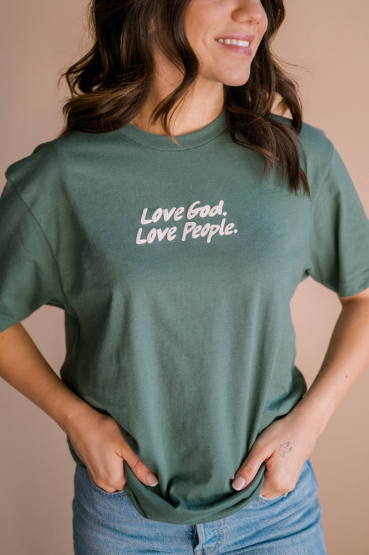 Love God Love People Tee- Muted Green | Christian Tee