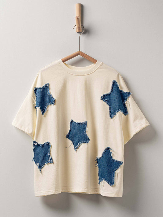 Distressed Denim Star Appliqué Cotton Tee