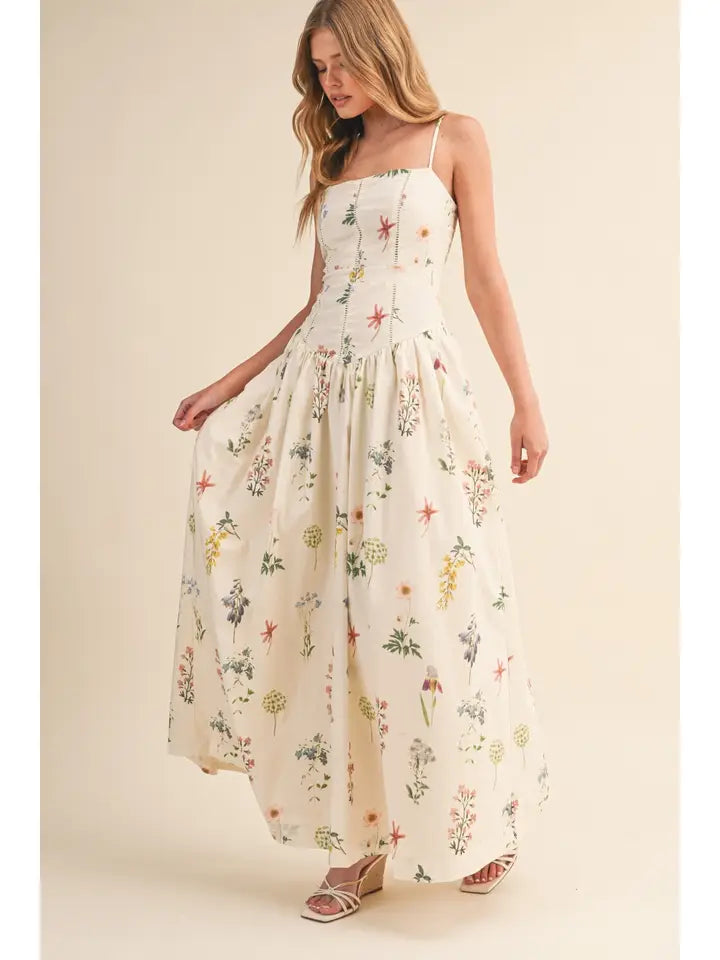 Floral Printed Cami Drop Waist Cut Maxi Dress