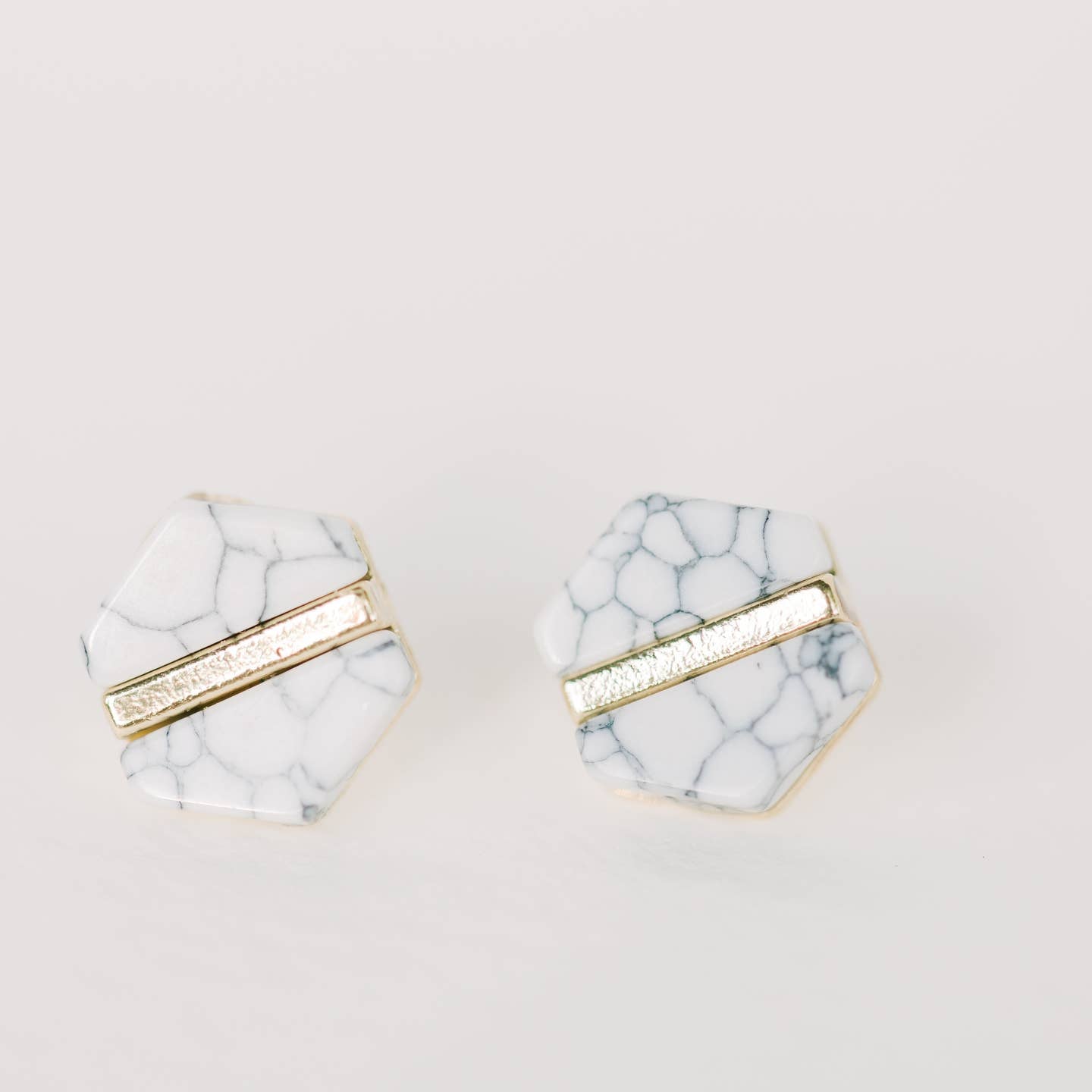 White Marble Hexagon Statement Stud Earrings