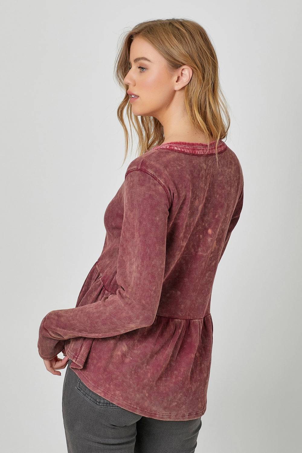 Washed Thermal Peplum Henley Top