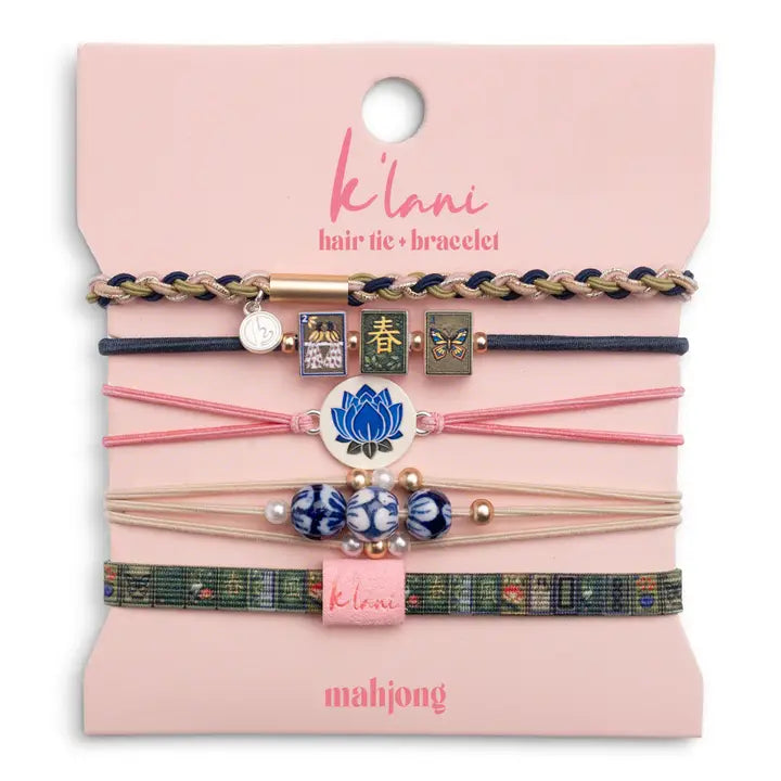 "Mahjong" Themed in Pink, Green & Blue with Lotus & Tile Accent Hair Tie Bracelets