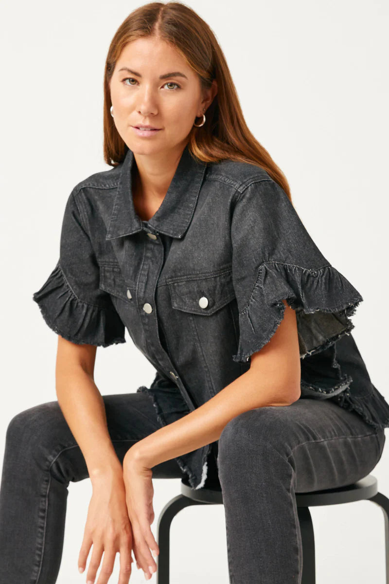 Womens Ruffle Stonewash Denim Jacket