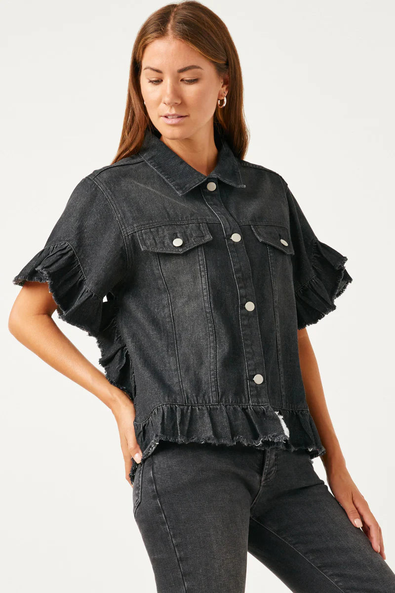 Womens Ruffle Stonewash Denim Jacket