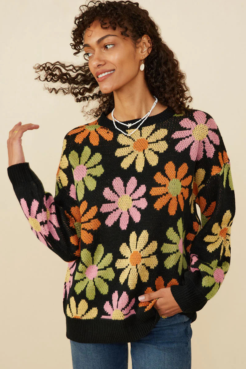 Womens Retro Daisy Knit Pullover Sweater