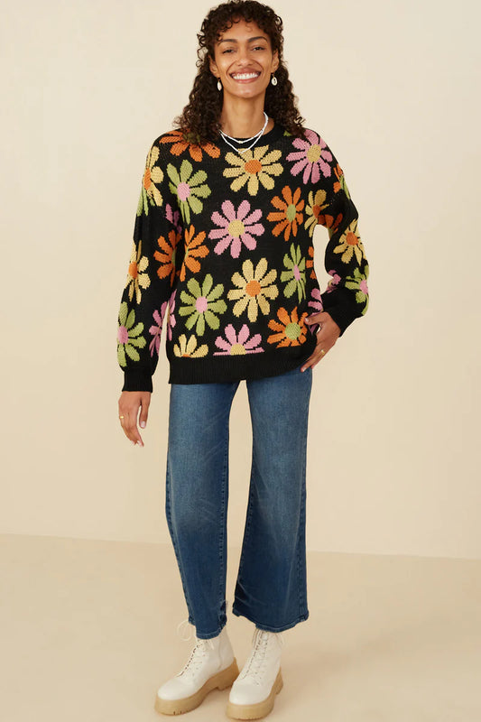 Womens Retro Daisy Knit Pullover Sweater