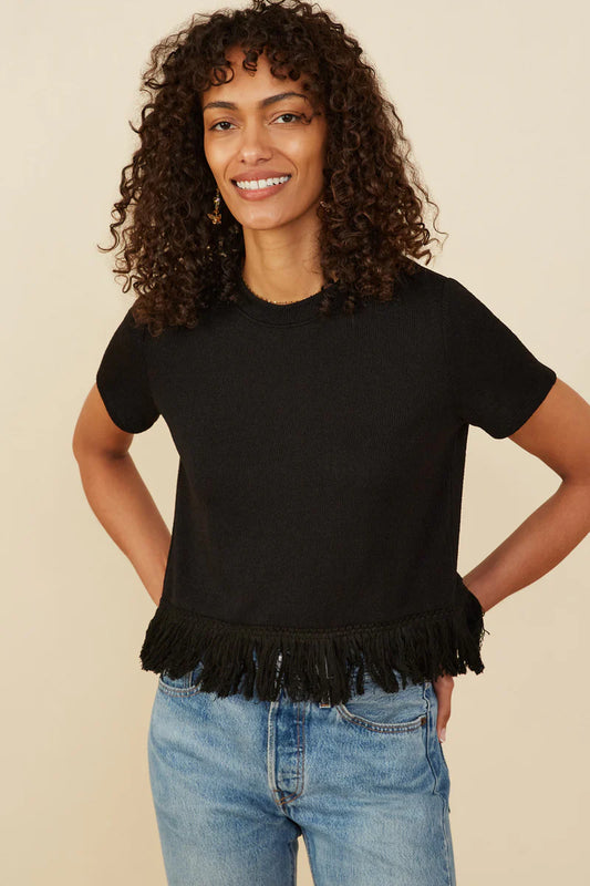 Womens Fringed Tassel Hem Textured Knit Top