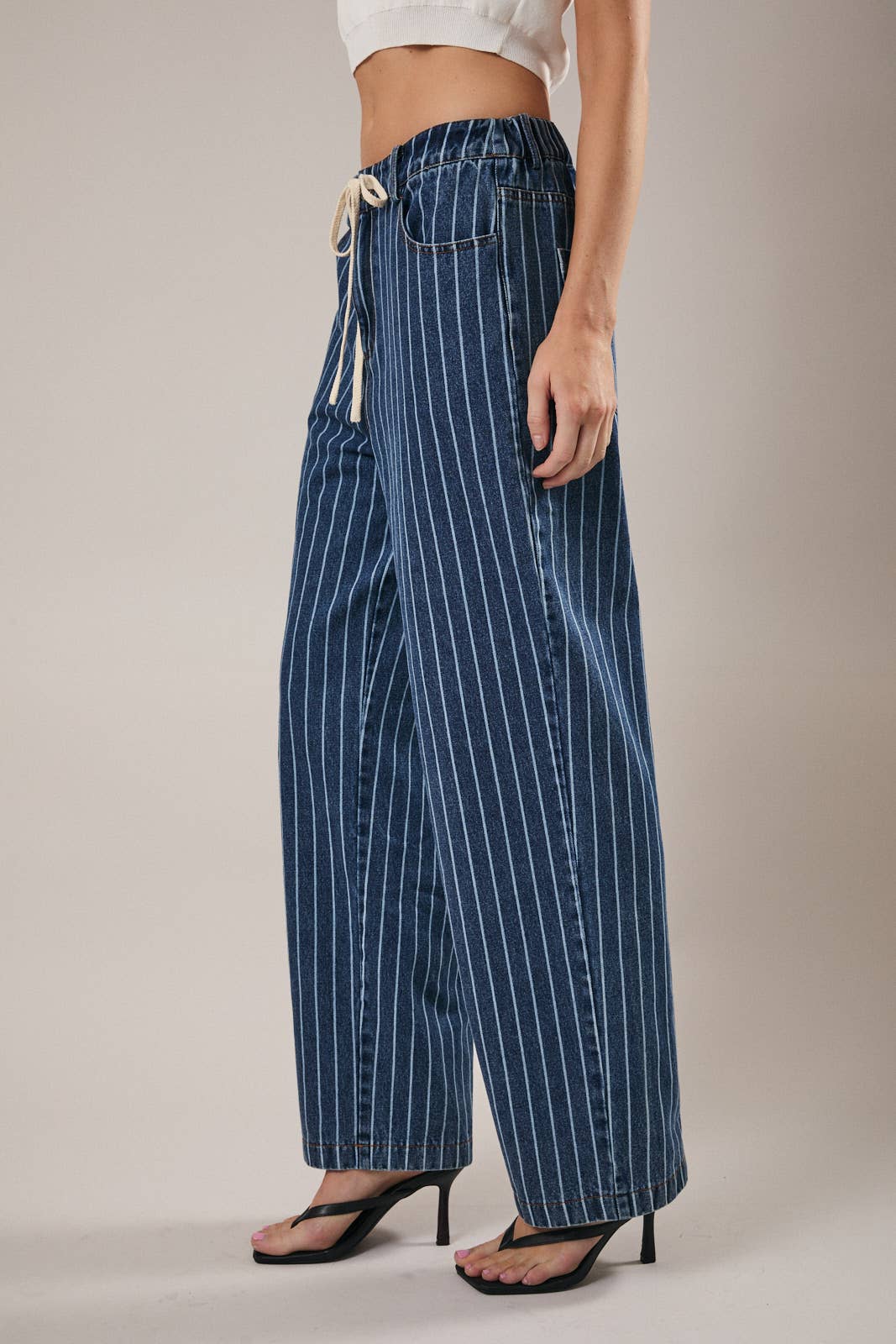 Striped Straight Front Tie Jeans