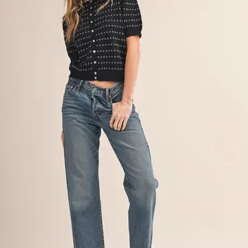Short Puff Sleeve Button Down Sweater