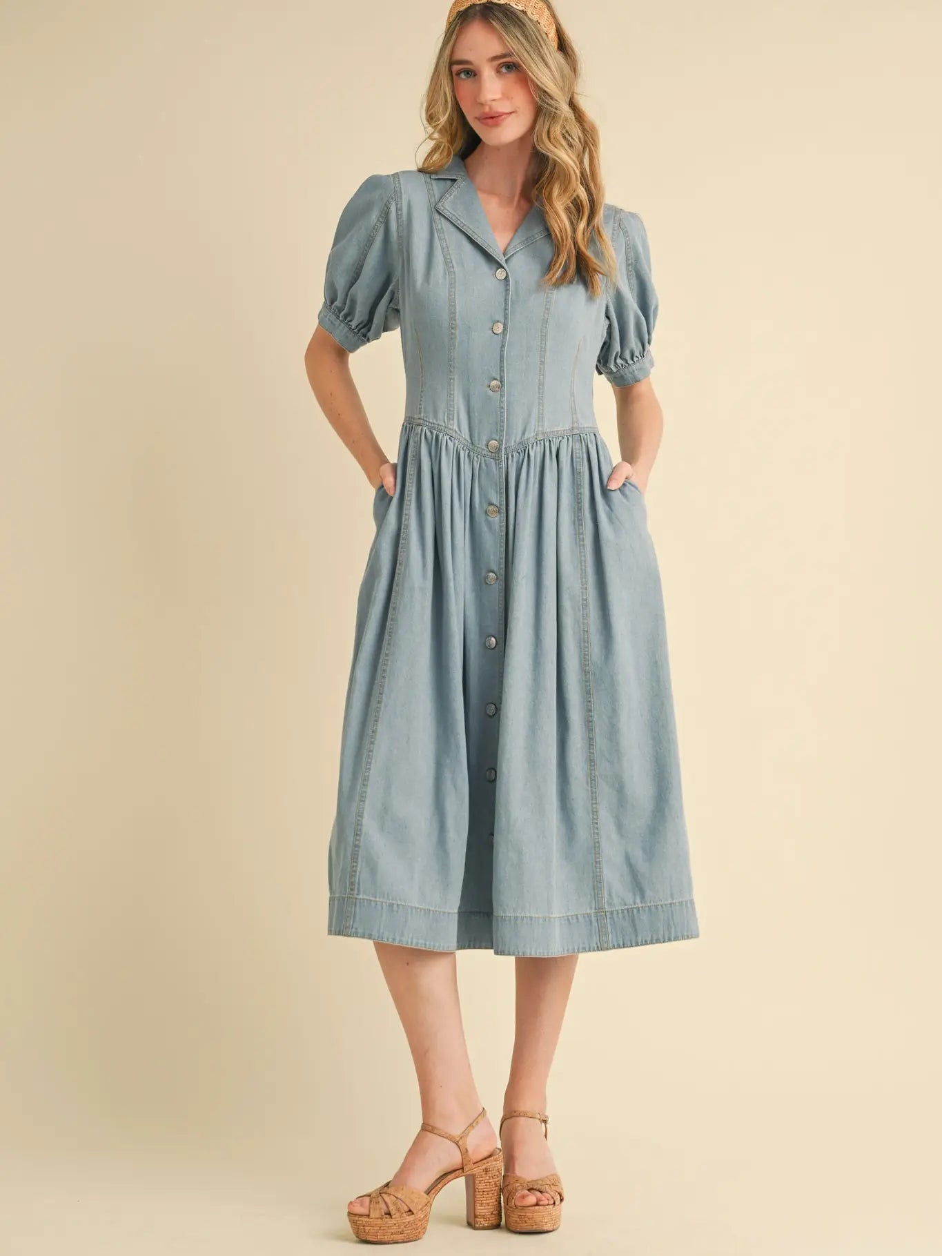Denim Puff Sleeve Button Down Mini Dress Medium