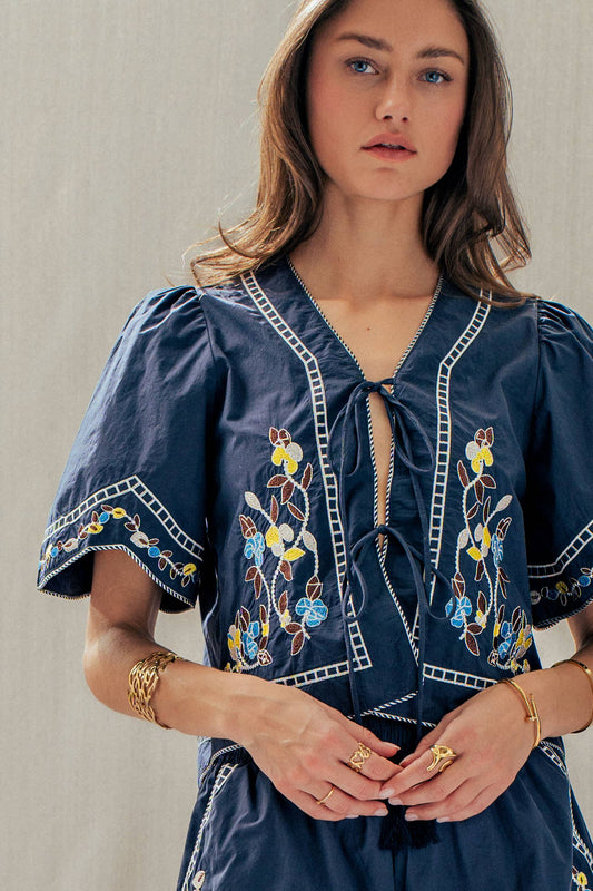 Floral Embroidered Tie Front Cotton Top