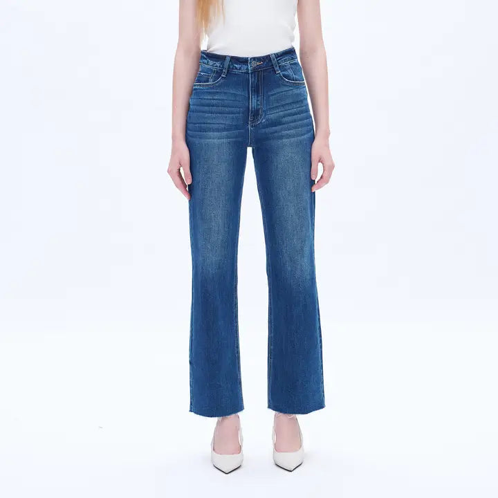 High Rise Wide Leg Jeans with Raw Hem