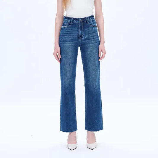 High Rise Wide Leg Jeans with Raw Hem