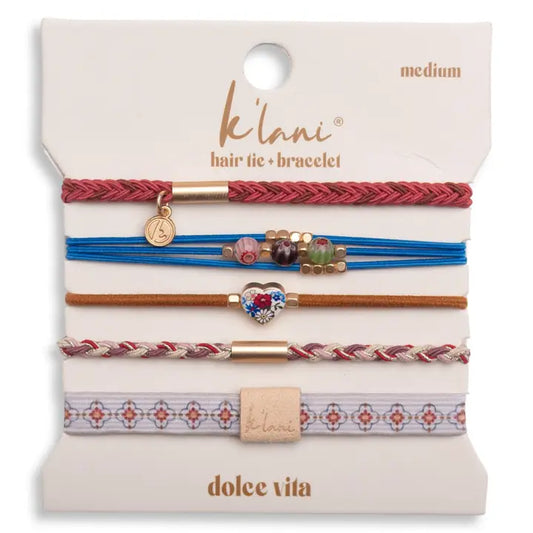 "Dolce Vita" Floral Glass Beads with Gold Accents Hair Tie Bracelets