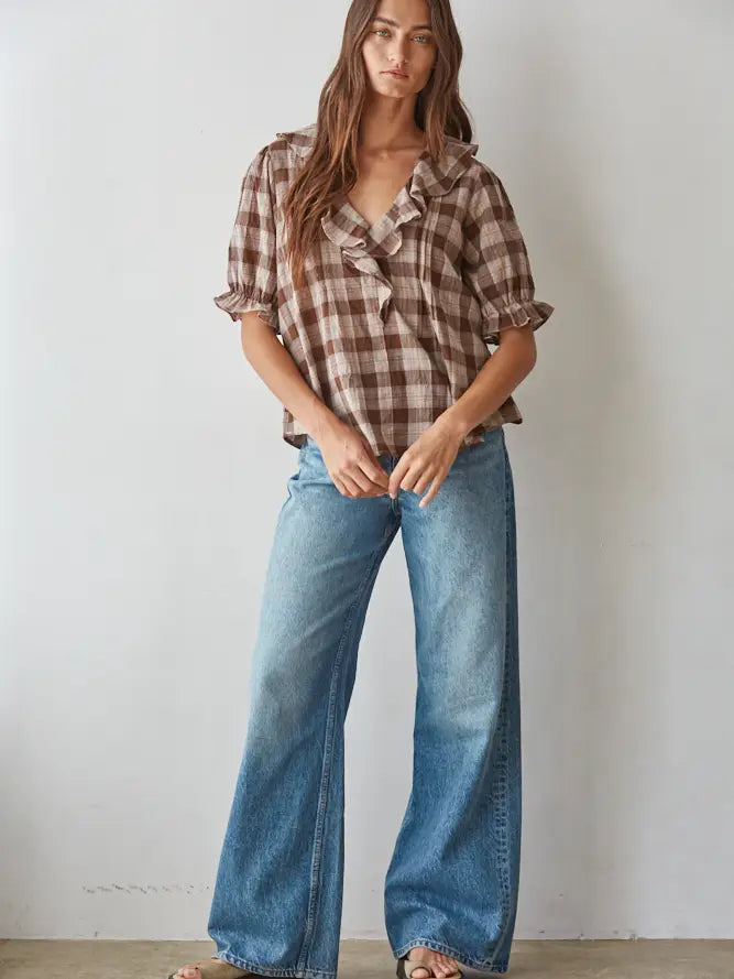 Woven Cotton Spandex Printed Ruffle Plunged V-Neck