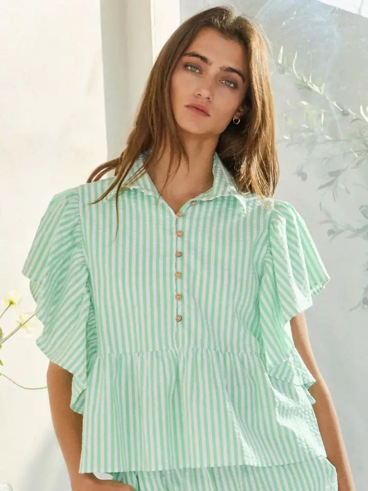 Ruffle Sleeves Pintuck Striped Shirt Top
