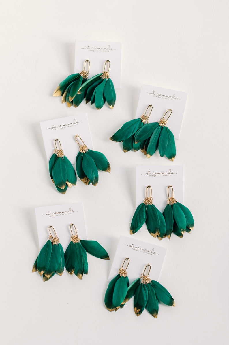 Emerald Gold Dipped Feather Tassel Statement Earrings