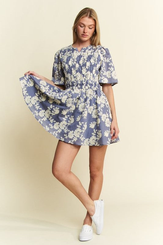 Floral Print Embroided Mini Dress