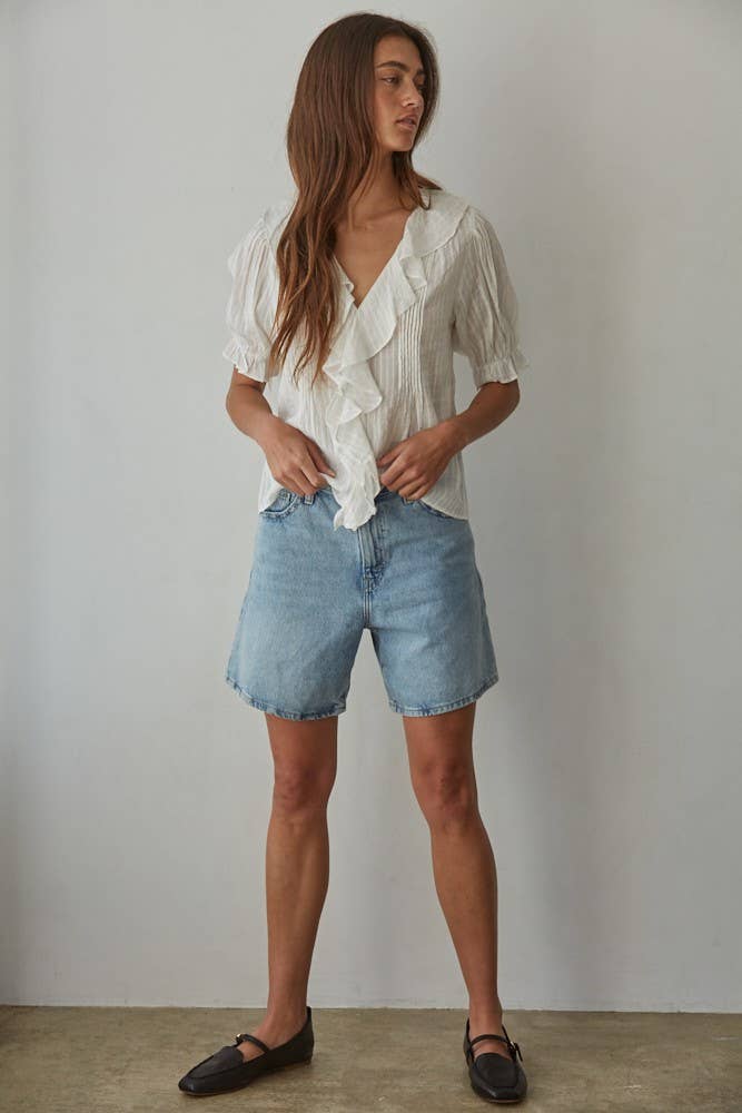 Cotton Button Down V-Neck Short Sleeve Top