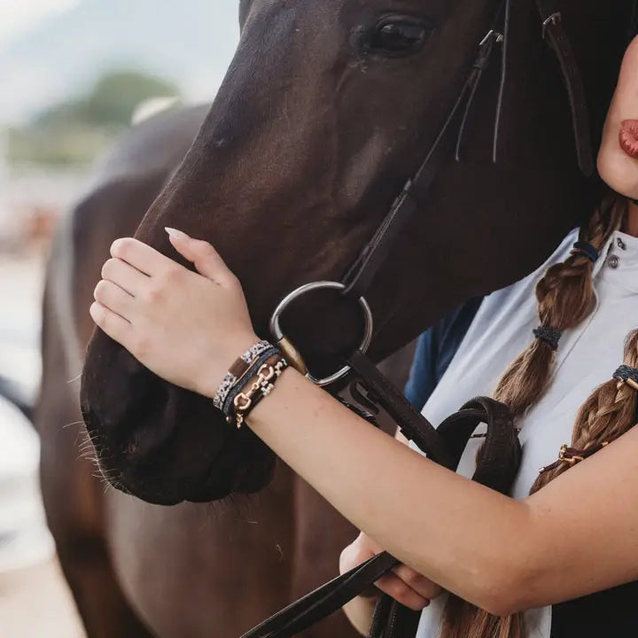 Gallop" Horse & Bit Equestrian Accents in Rich Brown & Blue Hair Tie Bracelets