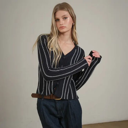 Slim Wavy Stitch Button Cardigan