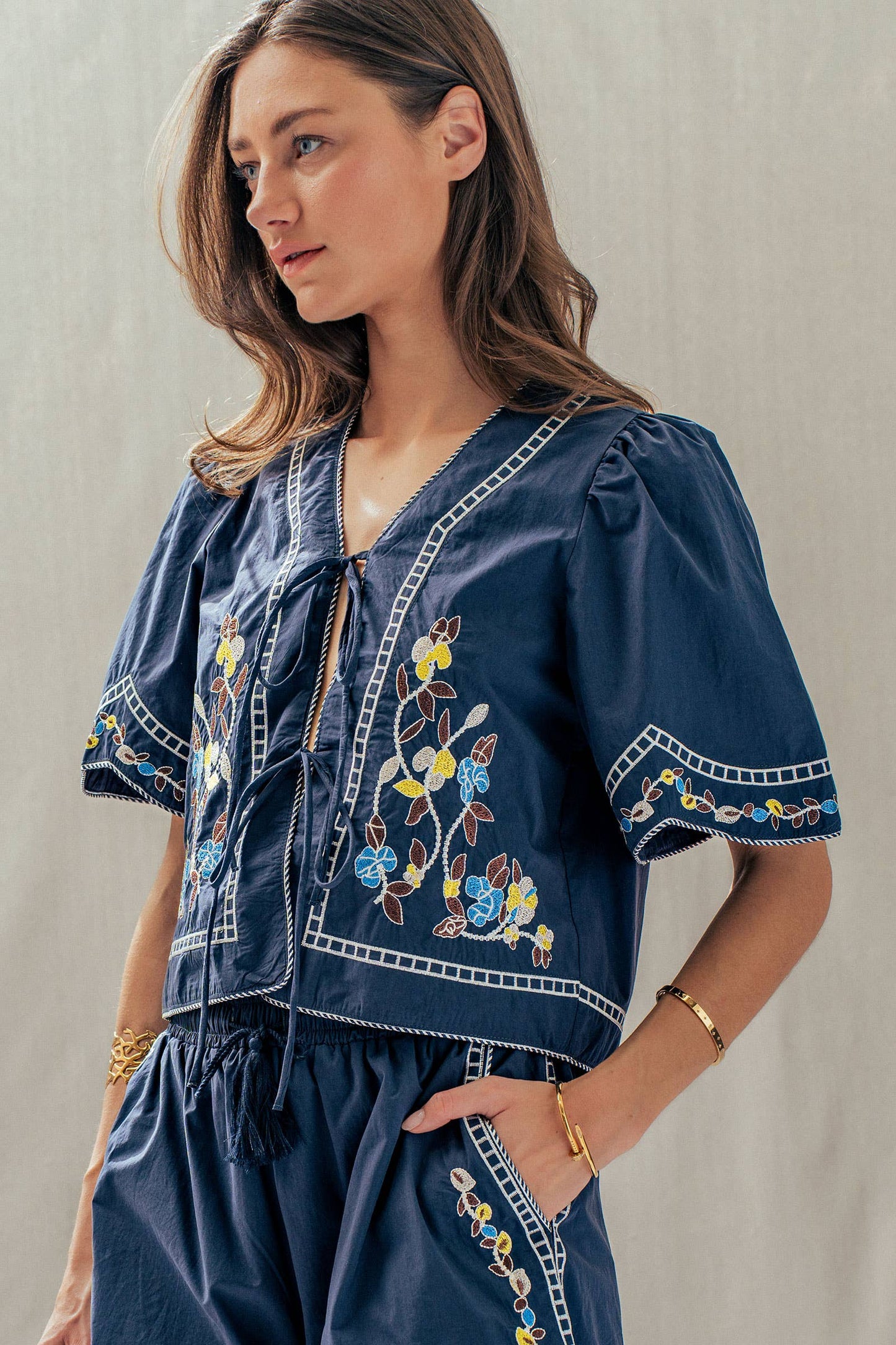 Floral Embroidered Tie Front Cotton Top