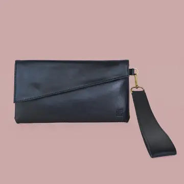 Angle Clutch Purse Wristlet in Black Leather