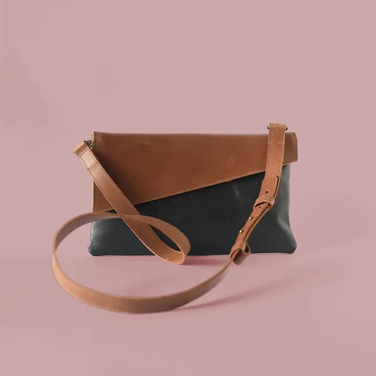 Two Toned Black + Brown Leather Angle Crossbody & Clutch