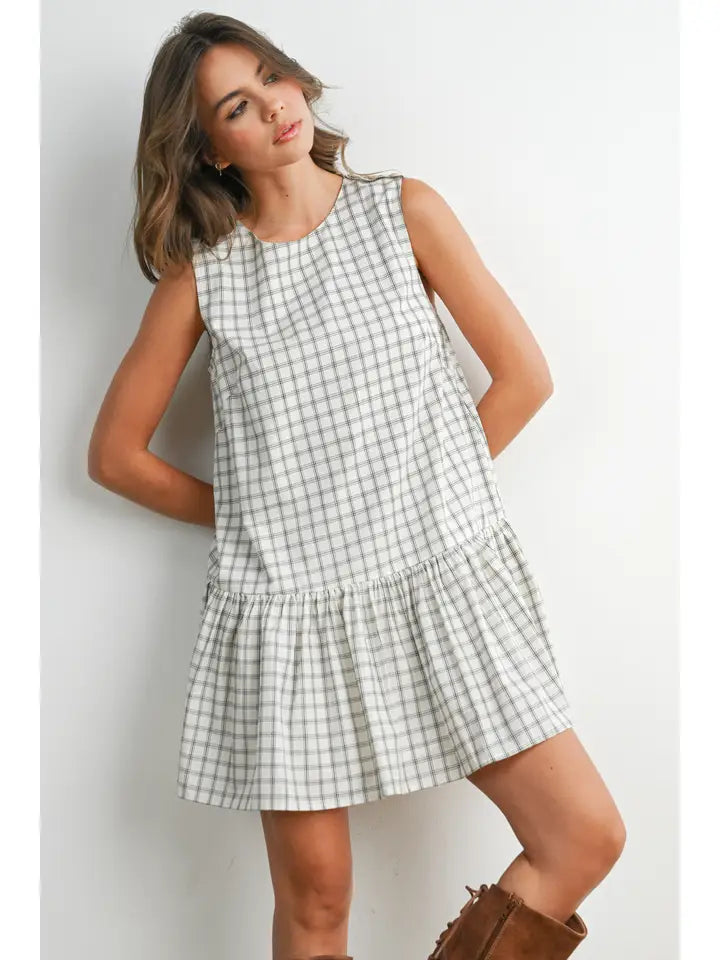 Plaid Button-Back Peplum Mini Dress
