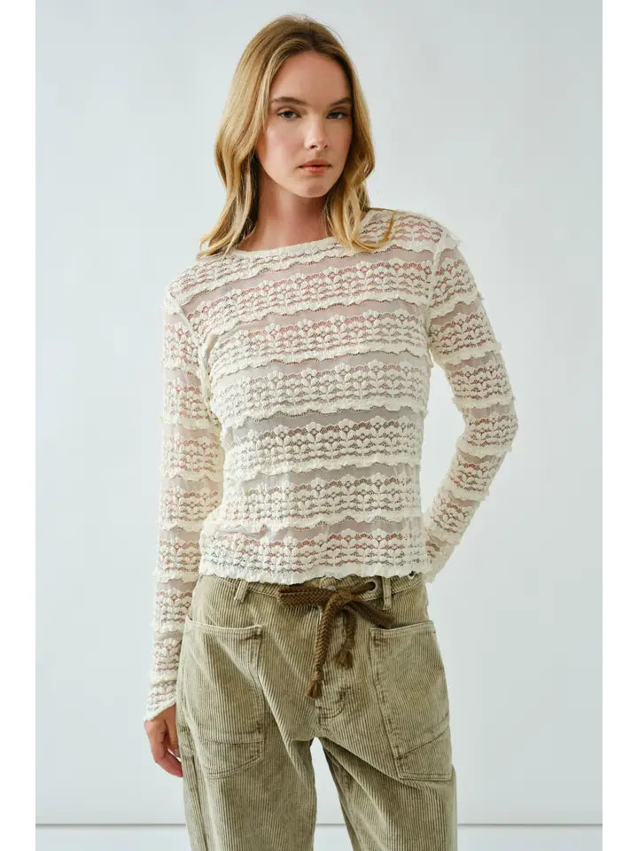 Long Sleeve Crew Neck Stretch Lace Top