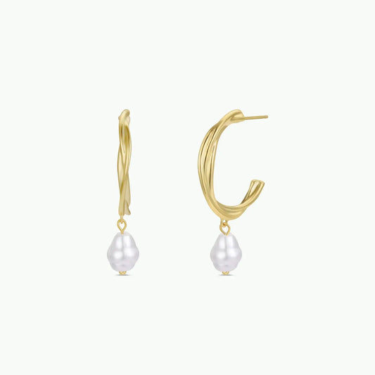 Twisted Pearl Drop Hoop - Gold
