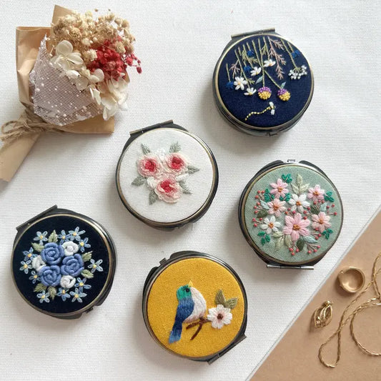 Floral Embroidered Round Jewelry Case
