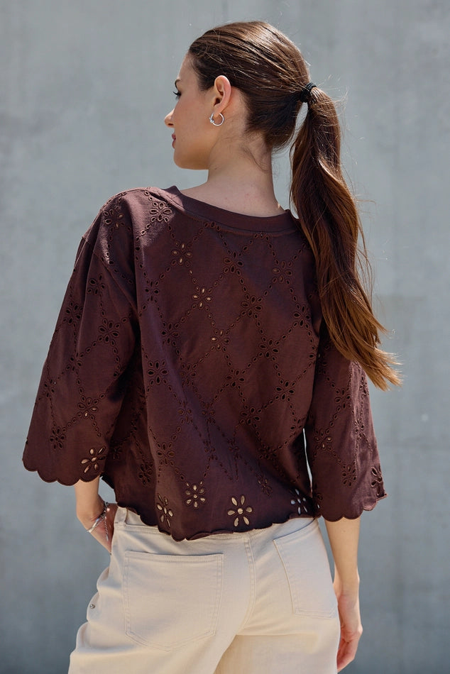 Eyelet Embroidered Scallop Hem Tee