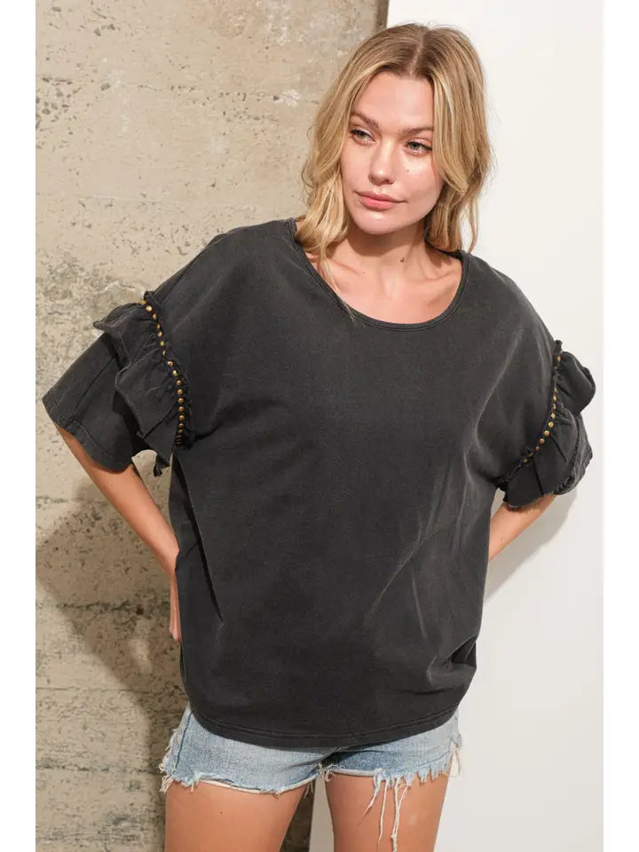 Ruffle Sleeve Studded Dolman T-Shirt