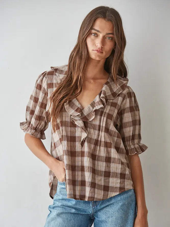 Woven Cotton Spandex Printed Ruffle Plunged V-Neck