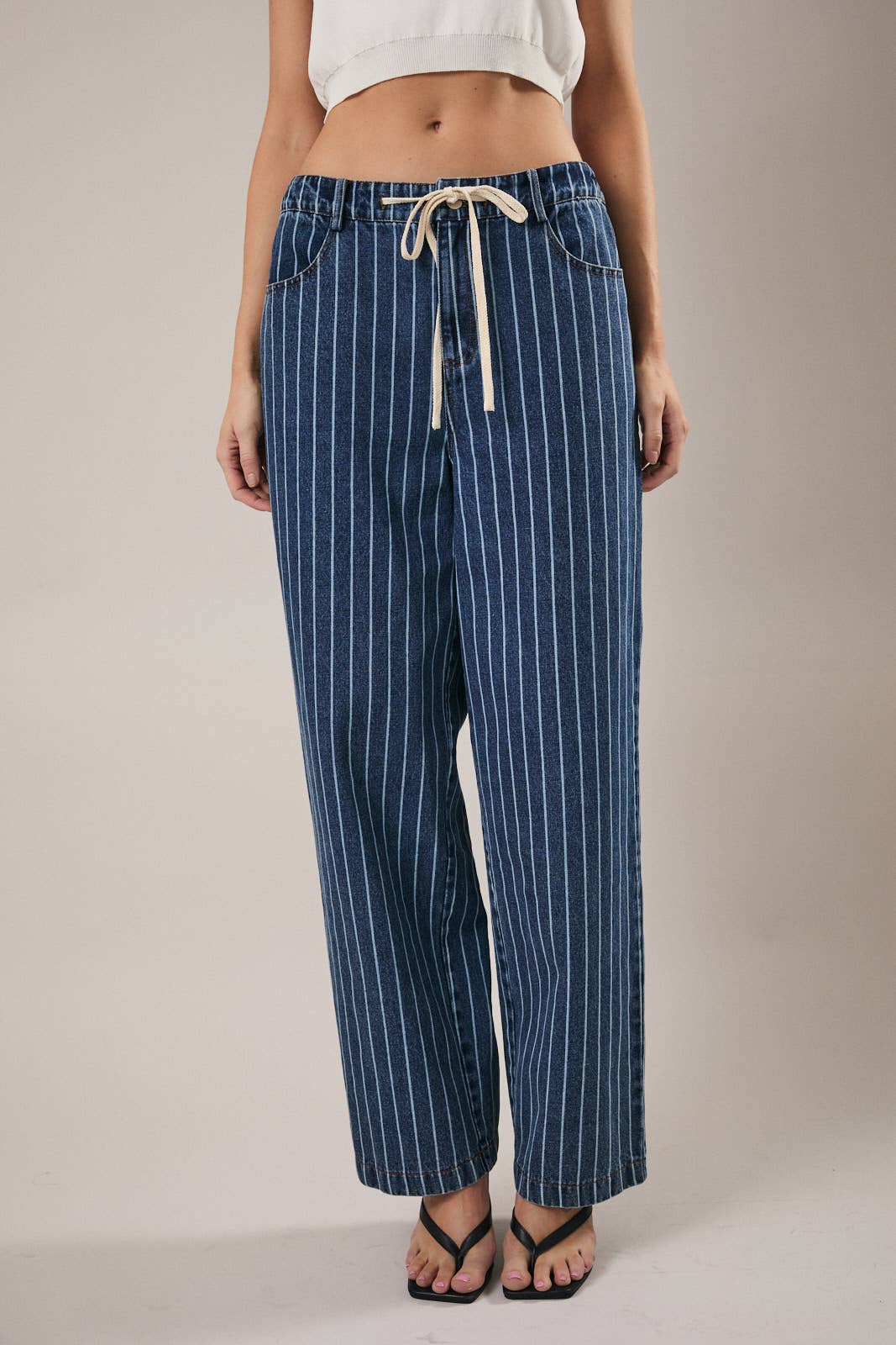 Striped Straight Front Tie Jeans