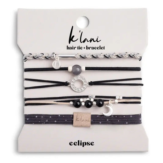 Eclipse" Black, White & Grey with Silver Metallic & Moon Accent Hair Tie Bracelets