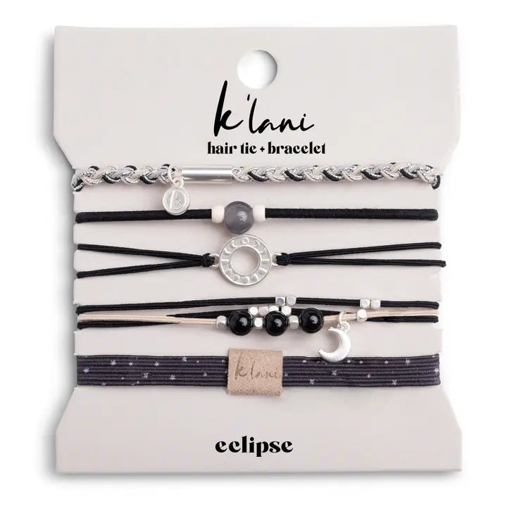 Eclipse" Black, White & Grey with Silver Metallic & Moon Accent Hair Tie Bracelets