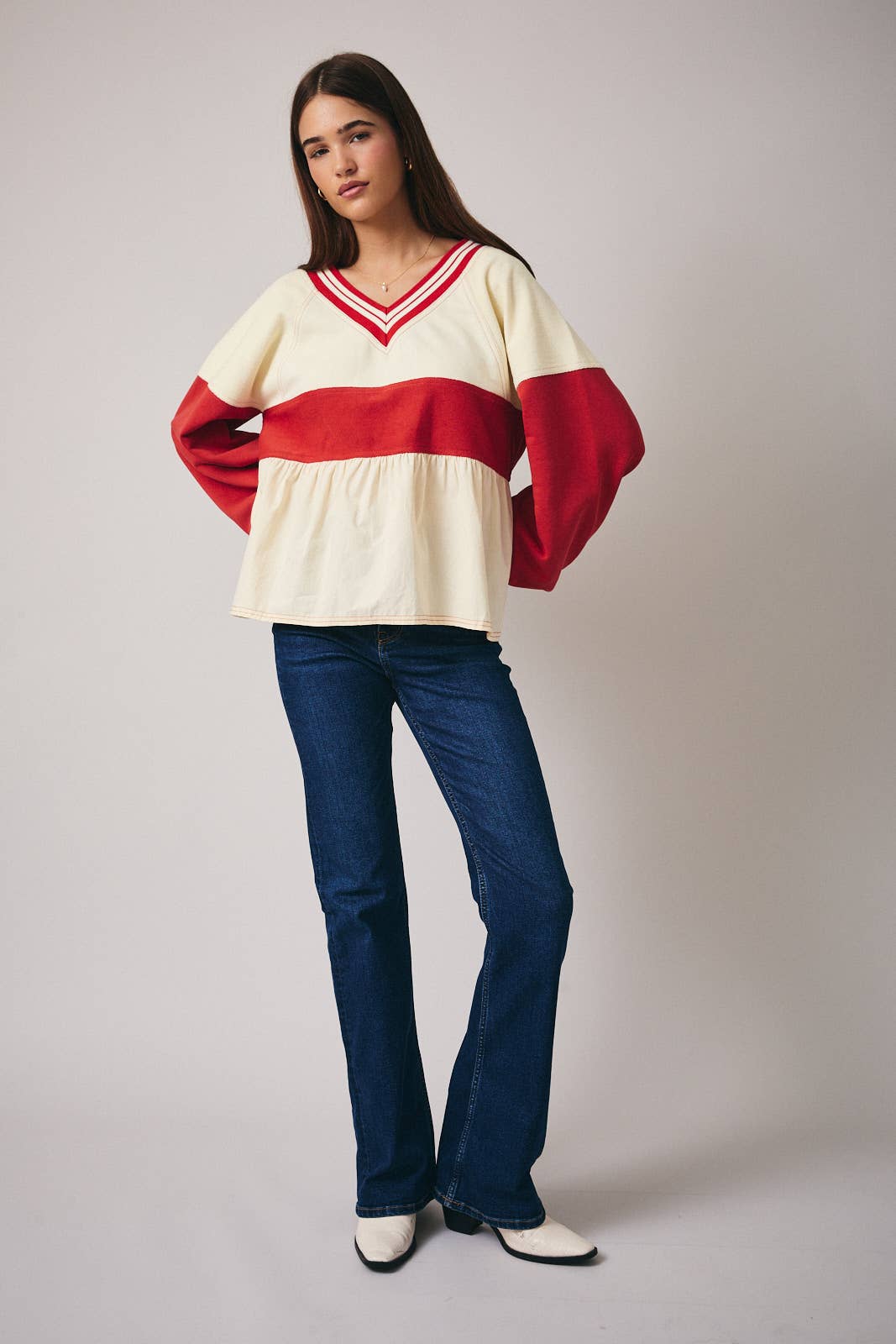 Colorblock V Neck Babydoll Top