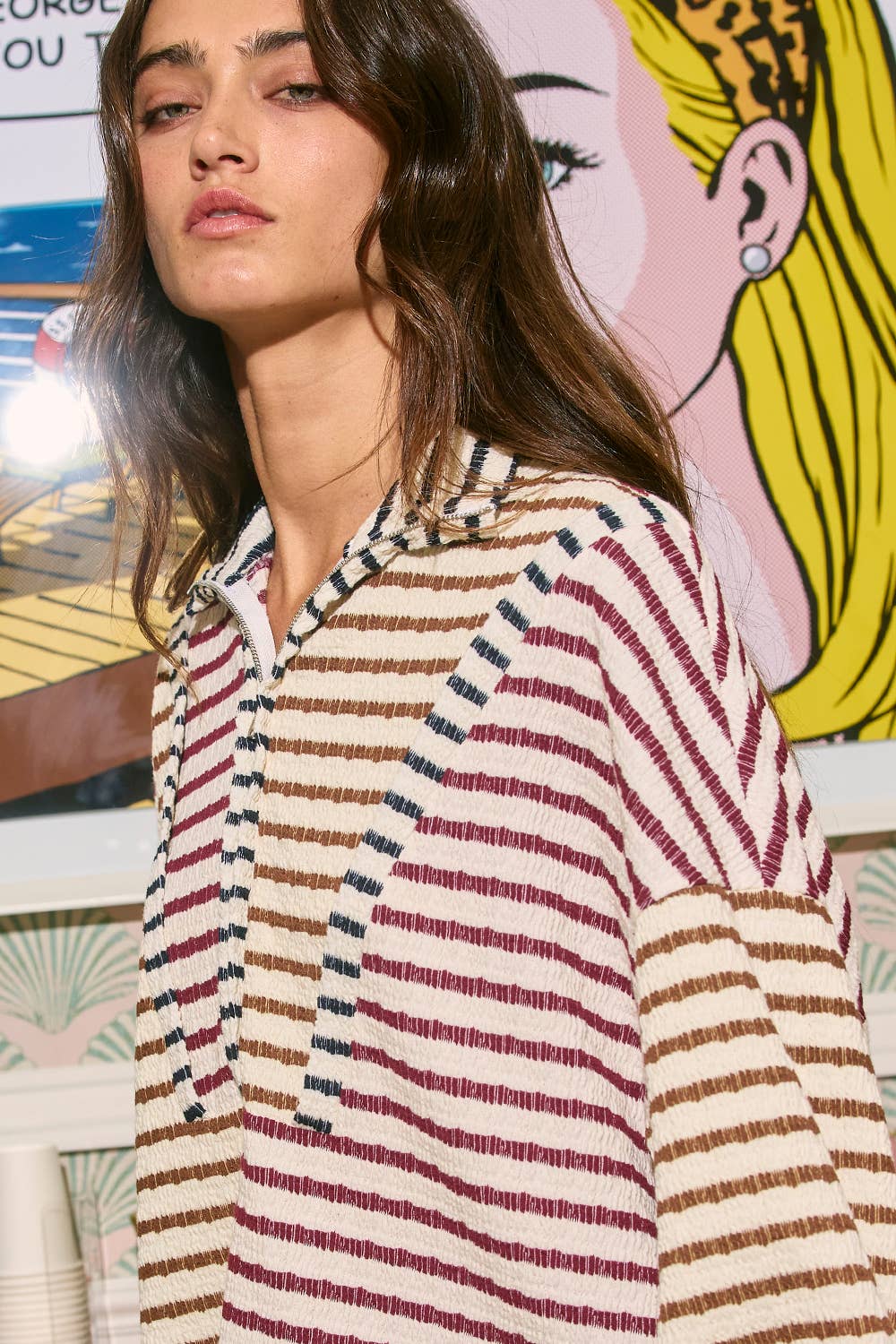 Oversized Funnel-Neck Half Zip Striped Top