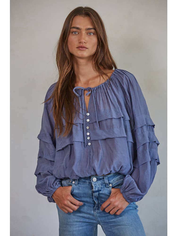 Balloon Sleeve Ruffled Blue Top