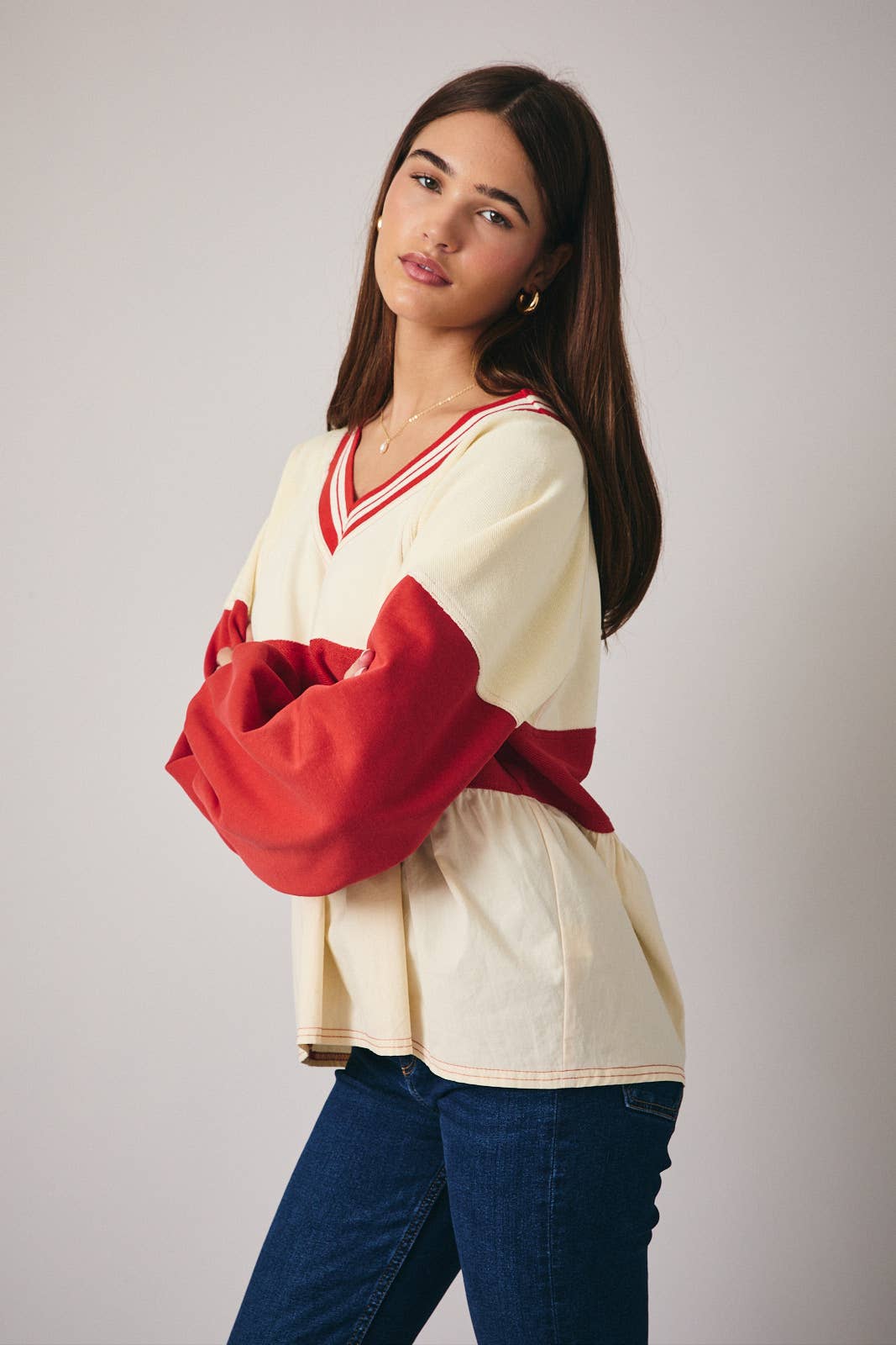 Colorblock V Neck Babydoll Top