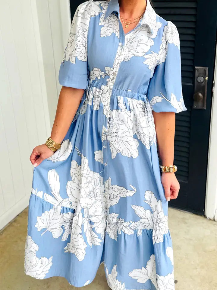Sky Blue Floral Print Long Dress