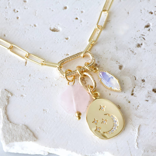 Rose Quartz, Opalite Celestial Coin Charm Necklace