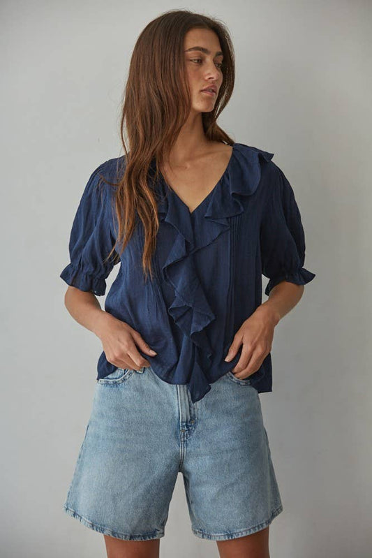 Ruffled Navy Buttondown Top