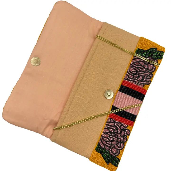 Pink Florals with Red & Black Outlines Beaded Clutch