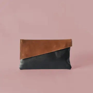 Two Toned Black + Brown Leather Angle Crossbody & Clutch