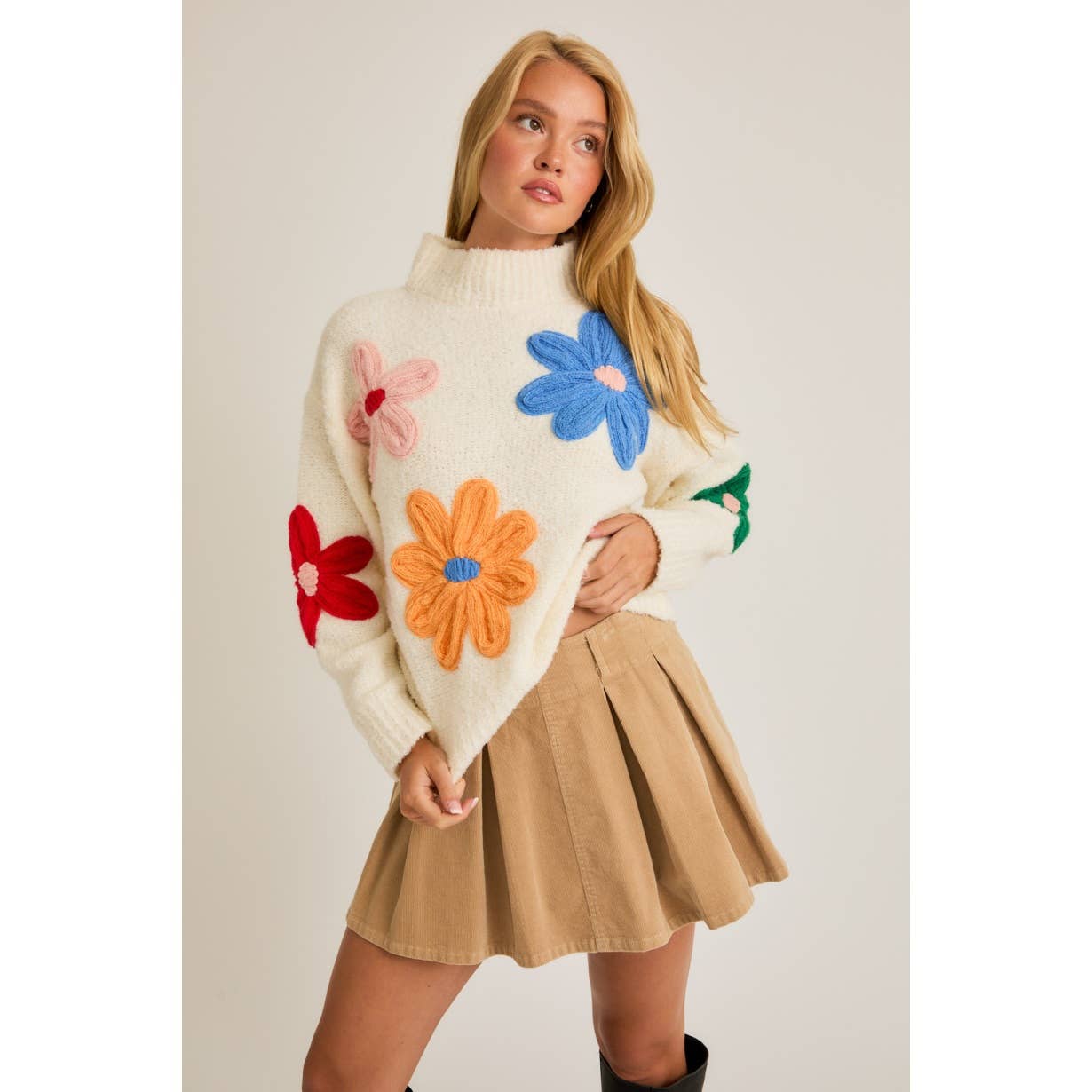 Mock Neck Floral Applique Sweater